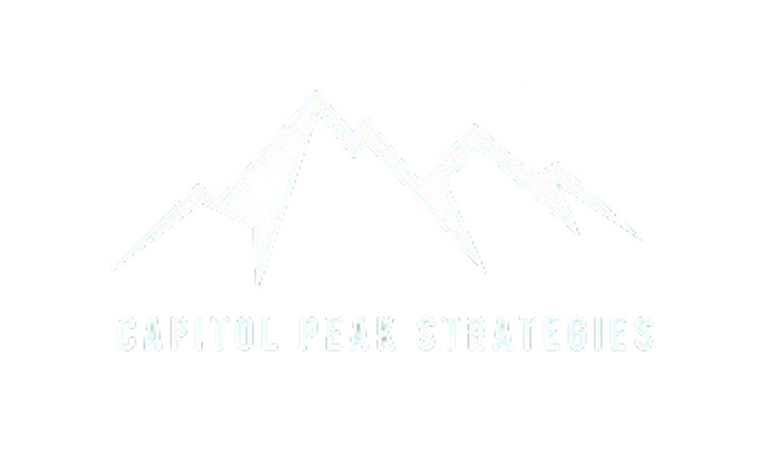 Logo of Capitol Peak Strategies featuring stylized white mountain peaks on a black background, with the company name in bold capital letters below the mountain graphic.